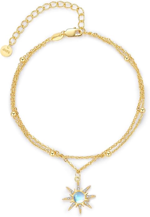 Sun Bracelet/Anklet 925 Sterling Silver Moonstone Star Sunburst Adjustable Ankle Bracelet Star Celestial Jewelry for Women Daughter Friend Sister