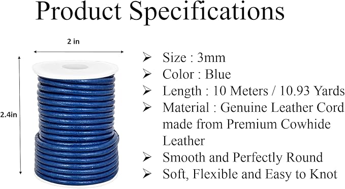 GENIQUE Real/Genuine Round Leather String Cord for Necklace, Bracelets, Jewelry, Kumihimo Braiding, DIY Projects (10 Metres) (3mm, Blue)