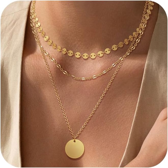 ASCOMY Gold Necklace for Women 14K Gold/Silver Plated Layered Necklaces Stackable Layering Cross Necklace Stacked Coin Pendant Pearl Herringbone Chain Stacking Gold Choker Trendy Jewelry Gift for Her