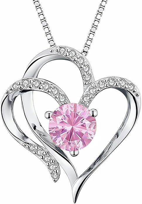 Double Heart Birthstone Necklace for Women - 925 Sterling Silver Adjustable Chain, 12-Month Cubic Zirconia Pendant, Gift for Wife/Girlfriend/Mom (Anniversary, Valentine's Day, Christmas)