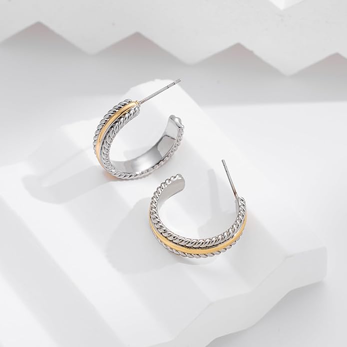 Twisted Cable Hoop Earrings Two Toned Earrings for Women Open C Hoops Chic Mixed Metal Jewelry