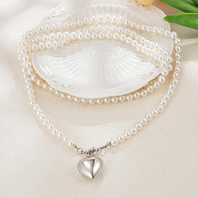 Chunky Gold Heart Necklaces for Women Long Pearl Heart Pendant Necklace Layered Puffy Love Pearl Choker Necklace Trendy Y2k Jewelry Accessory Gifts