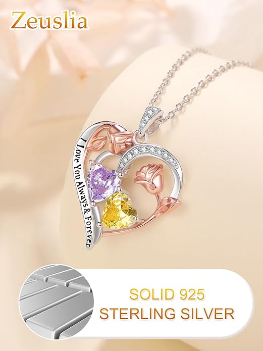 Zeuslia Double Birthstone Necklace Gifts for Wife - 925 Sterling Silver Sunflower/Rose/Crown Cross/Compass/Heart Pendant I Love You Necklace, Anniversary Birthday Gifts for Wife Girlfriend Mom Her