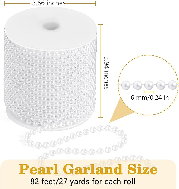 82 Feet Faux Pearl Garland, 6mm Pearl String Roll Strands, Extended String of Pearls Garland for Christmas Tree Wedding Party Decoration Centerpieces Flowers DIY Crafts (White)