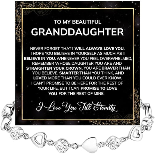 To My Granddaughter Heart Bracelet, Meaningful Jewelry Gift, Bracelet For Granddaughter from Grandma Grandpa with Message Card and Box on Christmas, Birthday, Graduation, Bracelets For Women