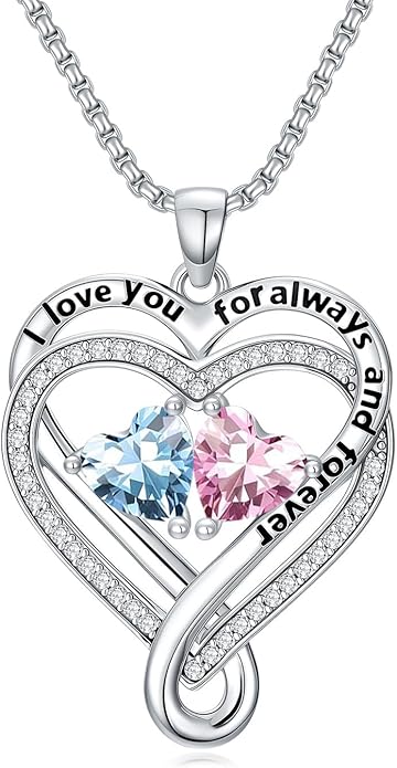 I Love You for Awlays and Forever Double Heart Necklace with Birthstone, 2 Birth Stone Jewelry Anniversary Valentines Mothers Day Christmas Birthday Gifts for Women Her Wife Girlfriend Mom Mother