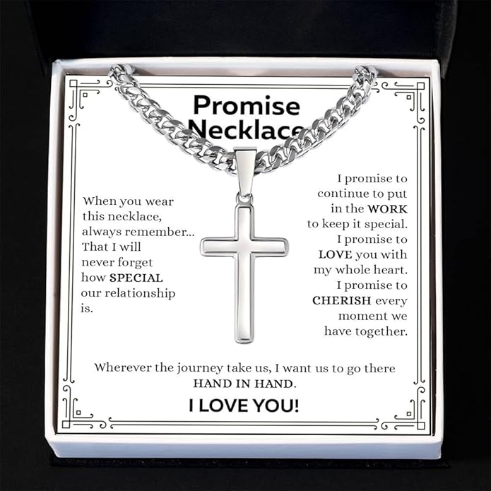 GLAVICY Promise Cross on Cuban Necklace For Him, Sentimental Gift for Husband, Boyfriend, Man with Message Card and Box, Promise Jewelry on Birthday, Valentine Day