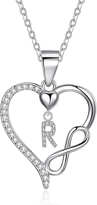 Valentines Day Gifts for Women Hers, Dainty 925 Sterling Silver Infinity Heart Initial Necklace, Letter A-Z Zircon Pendant, Jewelry Gift for Wife