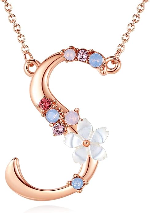 Flower Initial Letter Necklace Pink Red Blue Simulated Pearl Pendant Name Jewelry Made with Austrian Crystals Rose Gold Plated Anniversary Birthday Gifts for Women,18"+2"
