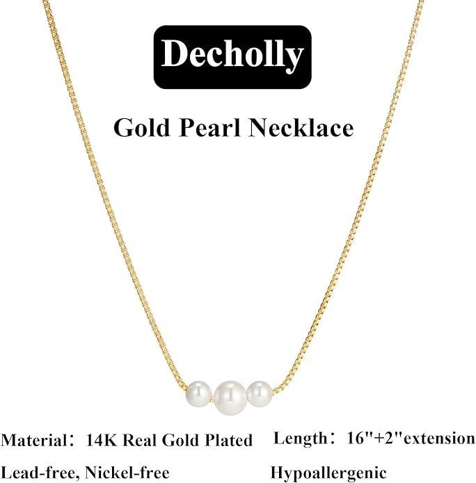 Gold Pearl Necklaces for Women Trendy, 14K Gold Plated Dainty Necklace Simple Layered Pearl Necklaces for Women Trendy Wedding Birthday Jewelry