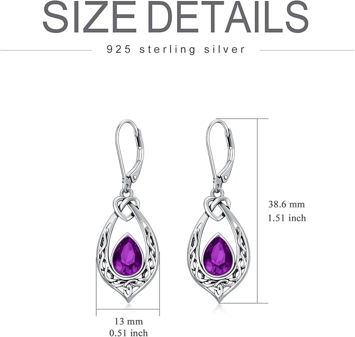 Celtic Knot Dangle Earrings 925 Sterling Silver Oxidized Vintage Drop Leverback Earrings with 8 * 6mm Simulated Birthstone Crystal Christmas Jewelry Gifts for Women (Gift Box)