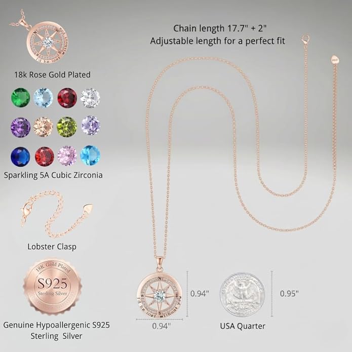 Compass Necklace for Women Wife Girlfriend Mom Daughter Gifts S925 Silver Jewelry For Anniversary Rose Gold Gifts For Birthday Christmas Mothers Valentines Day 12 Birthstones