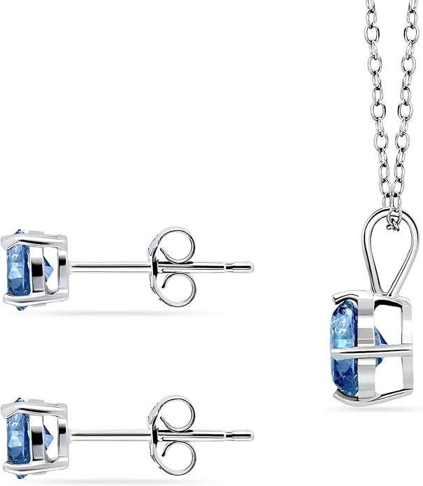 Jewelry Sets for Women, Necklace and Earring Sets for Women, Birthstone Jewelry, Genuine or Synthetic Gemstone, Round Solitaire, Pendant Necklace, Stud Earrings, Sterling Silver Jewelry or Gold Flash