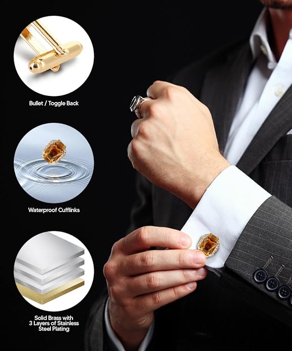 Rectangular Colored Diamond-Flanked Crystal Cuff Links – Tuxedo Suit Accessories, Cufflinks for Men