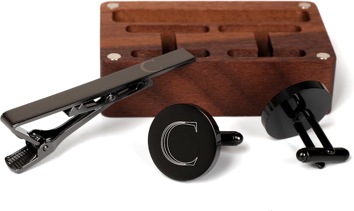 Mens Initial Cufflinks and Tie Clip A-Z Alphabet Letter Black Stainless Cuff Links Tie Bar with Engraved Walnut Wood Box Groom Groomsman Wedding Set