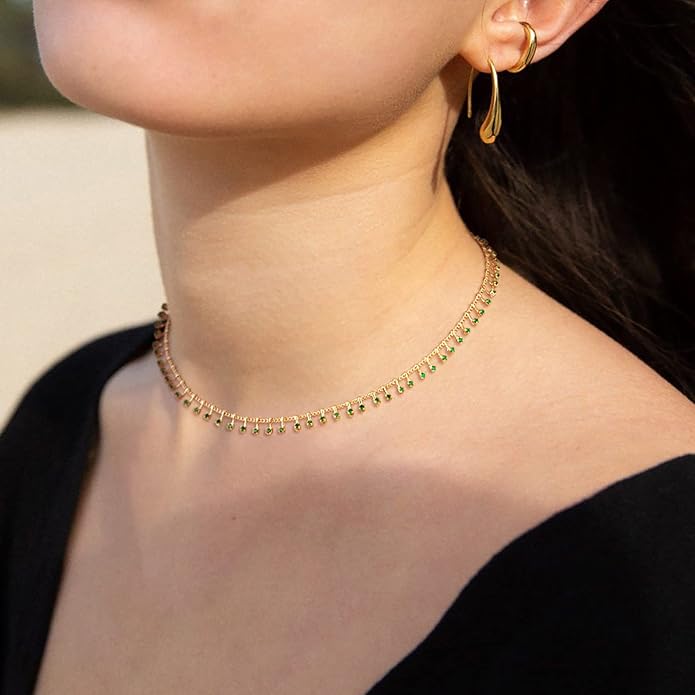 MTMY Beaded Necklaces for Women 14K Gold Plated Dainty Colorful Green/Rose Beaded Pearl Choker Necklace Delicate Boho Choker Necklace Jewelry Gift