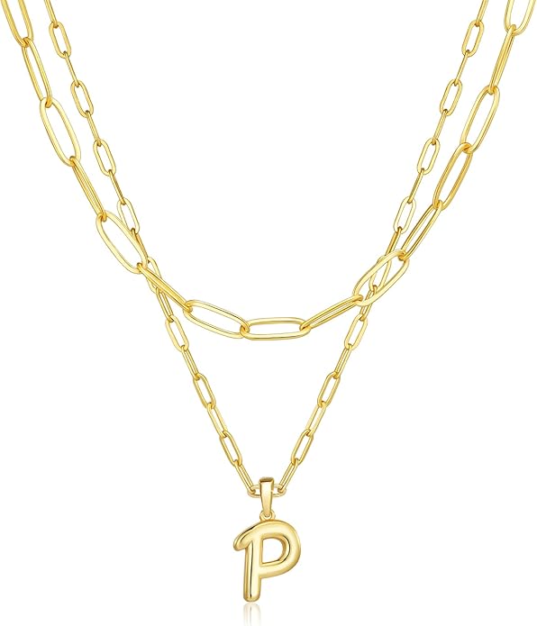 adoyi Gold Necklace for Women Layered Bubble Heart Letter Initial Necklaces for Women Trendy Jewelry 14K Gold Plated Chain Chunky Name Necklace Stack Charm A-Z Pendant Set Jewelry Gifts
