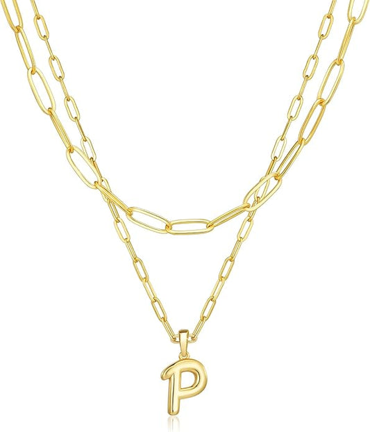 adoyi Gold Necklace for Women Layered Bubble Heart Letter Initial Necklaces for Women Trendy Jewelry 14K Gold Plated Chain Chunky Name Necklace Stack Charm A-Z Pendant Set Jewelry Gifts