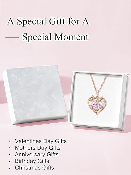 JIYVY32 Rose Heart Necklace for Women Exquisite 925 Sterling Silver Anniversary Birthday Gifts for Wife Mom Her Double Birthstone Pendant Jewelry