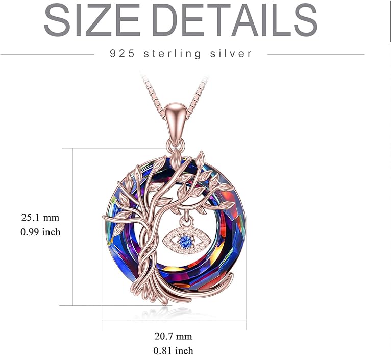 TOUPOP Evil Eye Necklace 925 Sterling Silver Tree of Life Circle Crystal Pendant Necklace Protection Jewelry Amulet Christmas Gifts for Women Her
