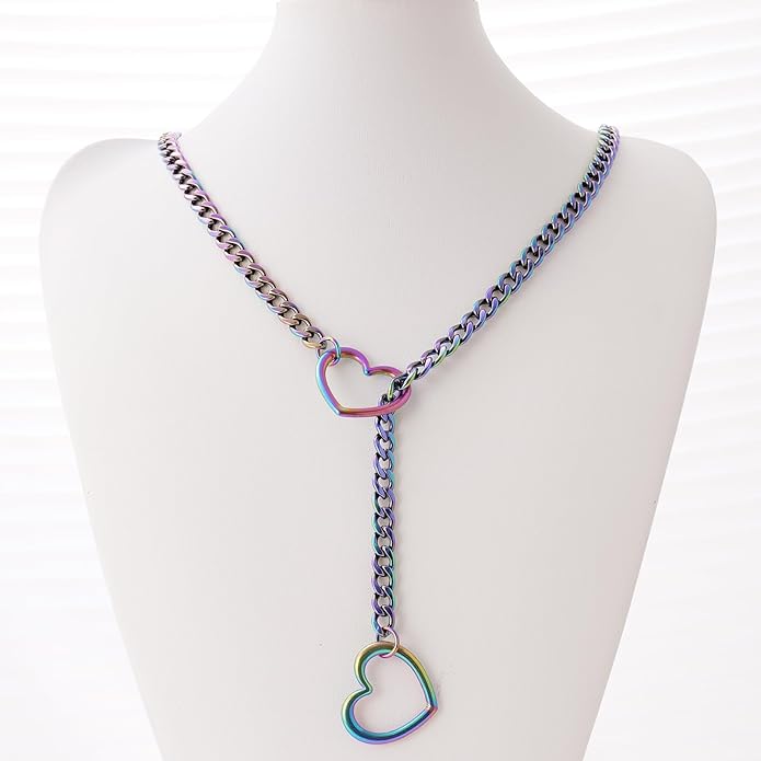 Heart Slip Chain Necklaces for Women,Stainless Steel O-Ring Adjustable Lariat Y-Necklace,Punk Gothic Cuban Collar Choker Necklace for women