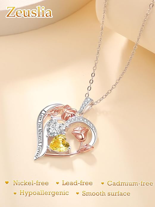 Zeuslia Double Birthstone Necklace Gifts for Wife - 925 Sterling Silver Sunflower/Rose/Crown Cross/Compass/Heart Pendant I Love You Necklace, Anniversary Birthday Gifts for Wife Girlfriend Mom Her