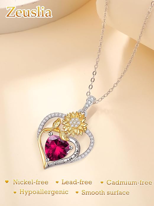 Zeuslia Double Birthstone Necklace Gifts for Wife - 925 Sterling Silver Sunflower/Rose/Crown Cross/Compass/Heart Pendant I Love You Necklace, Anniversary Birthday Gifts for Wife Girlfriend Mom Her