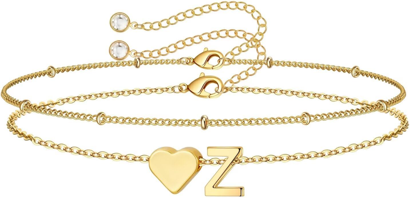 M MOOHAM Christmas Gifts for Grandkids Teens Girls -14K-Gold-Plated Heart Initial Bracelets for Women Girl Dainty Gold Bracelets Birthday Gift Stocking Stuffers for Women Teenage Girls Kids Gifts