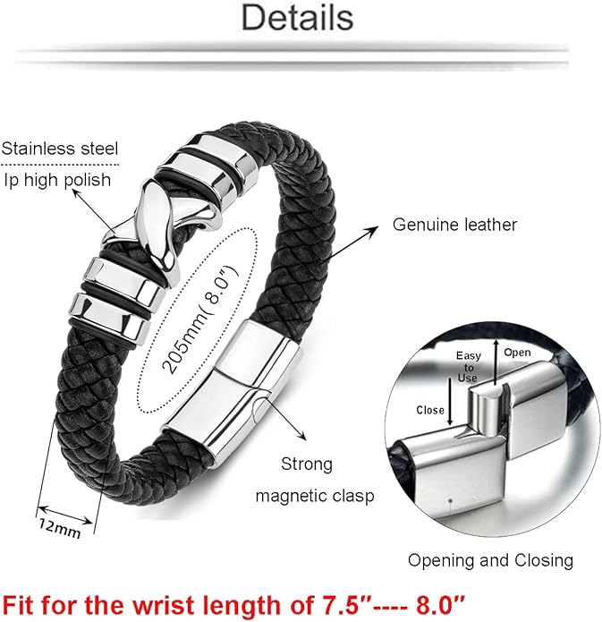 Leather Bracelet for Men Braided Cuff Wristband Stainless Steel Clasp in Silver and Gold Jewellery Gift