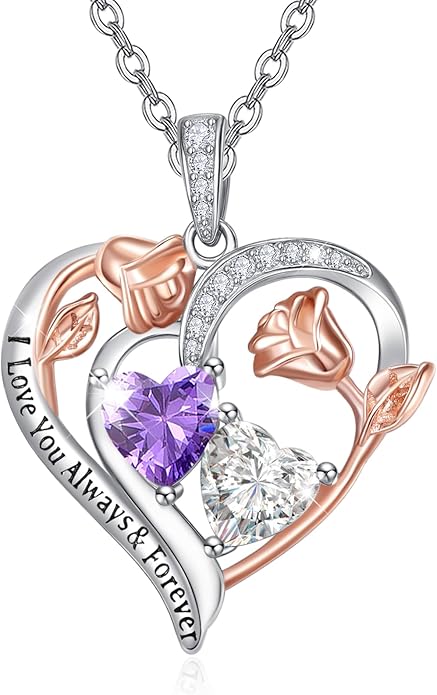 Zeuslia Double Birthstone Necklace Gifts for Wife - 925 Sterling Silver Sunflower/Rose/Crown Cross/Compass/Heart Pendant I Love You Necklace, Anniversary Birthday Gifts for Wife Girlfriend Mom Her