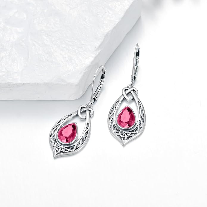 Celtic Knot Dangle Earrings 925 Sterling Silver Oxidized Vintage Drop Leverback Earrings with 8 * 6mm Simulated Birthstone Crystal Christmas Jewelry Gifts for Women (Gift Box)