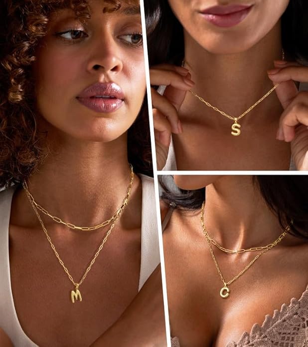 adoyi Gold Necklace for Women Layered Bubble Heart Letter Initial Necklaces for Women Trendy Jewelry 14K Gold Plated Chain Chunky Name Necklace Stack Charm A-Z Pendant Set Jewelry Gifts