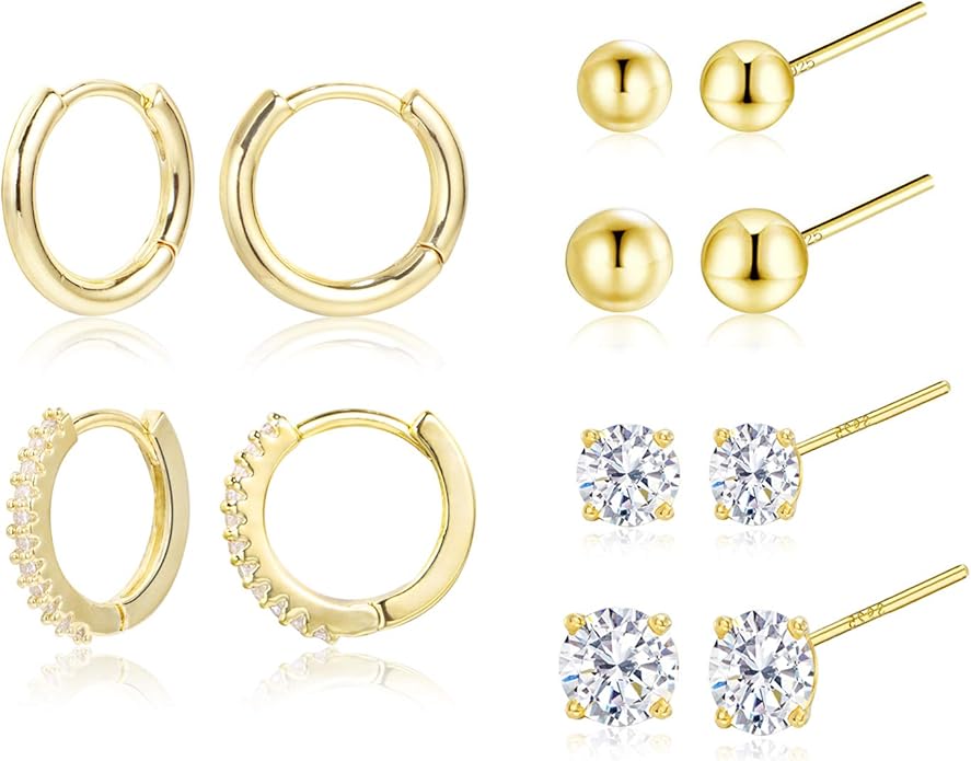 Stud Earrings for Women Hypoallergenic Sterling Silver Post Hoop and Studs Earrings Set for Multiple Piercing Small Ball Cubic Zirconia Earring Studs for Women Trendy Jewelry Gifts（6 Pairs）