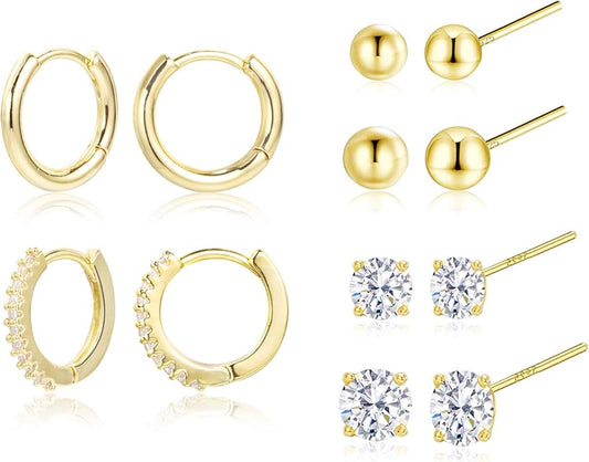 Stud Earrings for Women Hypoallergenic Sterling Silver Post Hoop and Studs Earrings Set for Multiple Piercing Small Ball Cubic Zirconia Earring Studs for Women Trendy Jewelry Gifts（6 Pairs）