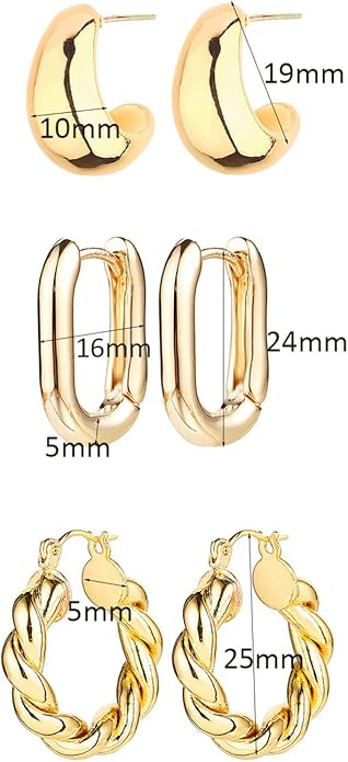 14K Gold Plated Hoop Earrings for Women, Hypoallergenic Chunky Gold Plating Hoop Earrings Multipack, Lightweight Twisted Huggie Hoops Earring Set Jewelry for Gifts