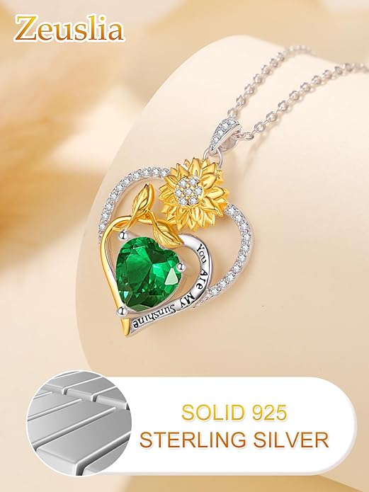 Zeuslia Double Birthstone Necklace Gifts for Wife - 925 Sterling Silver Sunflower/Rose/Crown Cross/Compass/Heart Pendant I Love You Necklace, Anniversary Birthday Gifts for Wife Girlfriend Mom Her