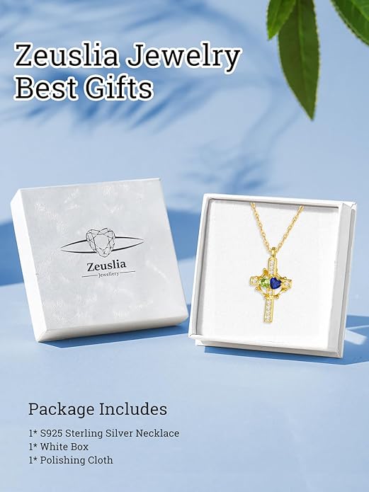 Zeuslia Double Birthstone Necklace Gifts for Wife - 925 Sterling Silver Sunflower/Rose/Crown Cross/Compass/Heart Pendant I Love You Necklace, Anniversary Birthday Gifts for Wife Girlfriend Mom Her