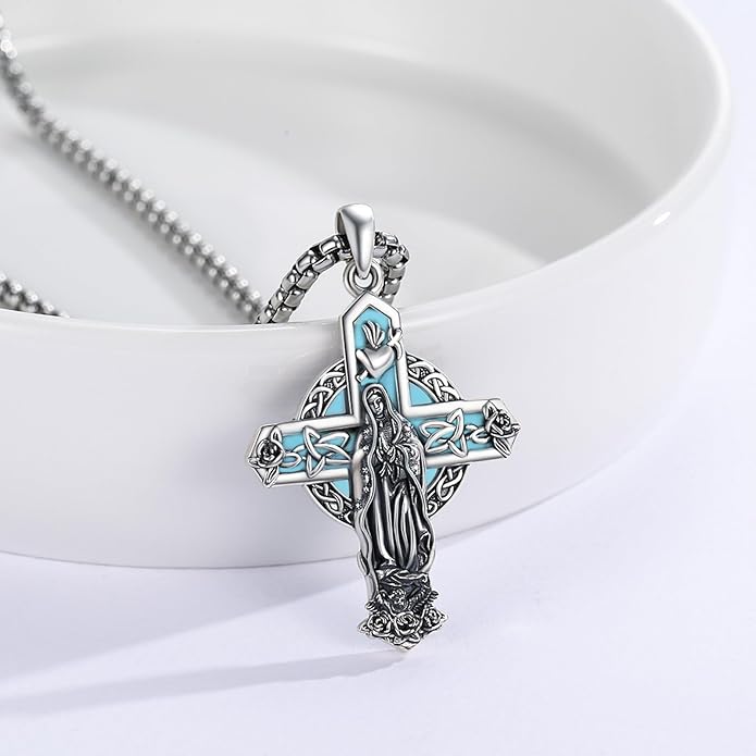 Midir&Etain Cross Necklace 925 Sterling Silver Celtic Christian Pendant Religious Protection Jewelry for Women Men