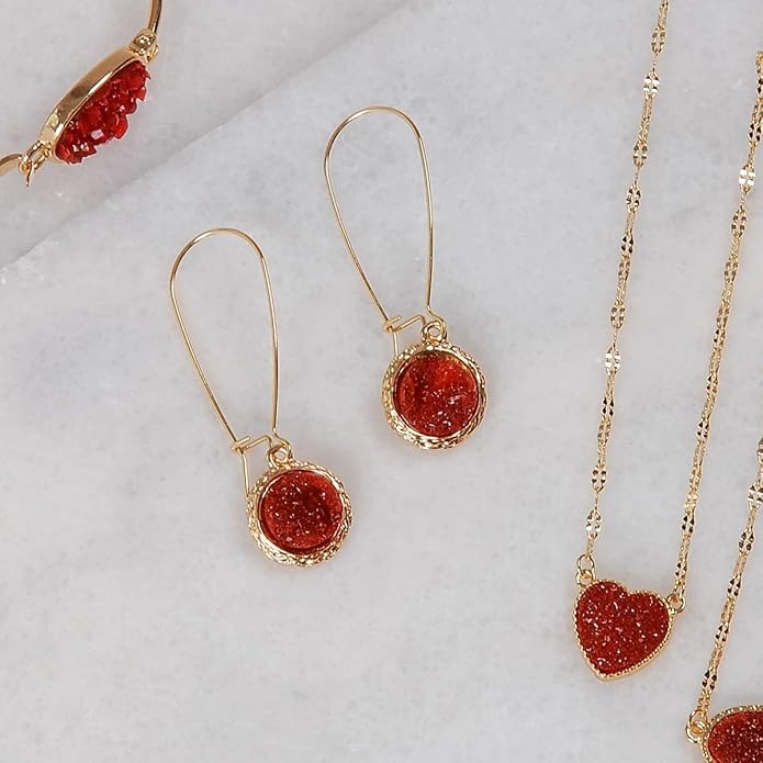 Simulated Druzy Threader Drop Earrings for Women - Gold, Silver, or Rose Gold Tone Trendy Boho Dangles with Sparkly Round Stone