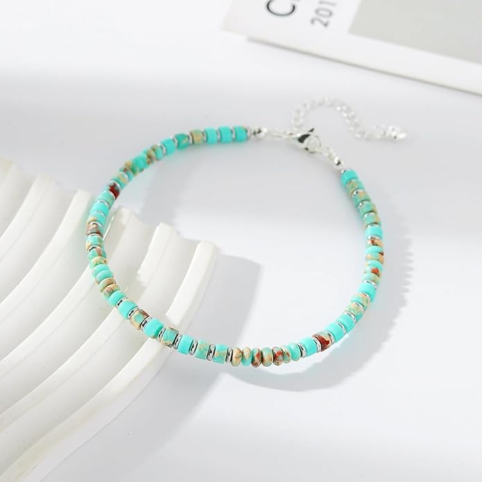 XIJIN Natural Stone Beaded Anklets for Women Handmade Beach Boho Turquoise Beads Ankle Bracelet Jewelry Gift for Her