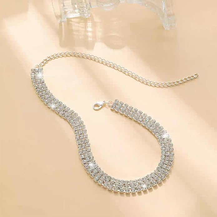 Crystal Wedding Jewelry Set, Silver Necklace Earrings Bracelet Crystal Bridal Wedding Jewelry Sets for Brides Bridesmaid Prom Costume Accessories