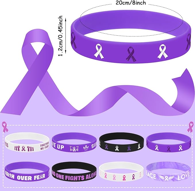 JUNEBRUSHS 64pcs Purple Ribbon Awareness Silicone Bracelets Hope Faith Courage Accessories Wristbands for Lupus Domestic Violence Epilepsy Pancreatic Cancer Alzheimers Awareness Party Supplies