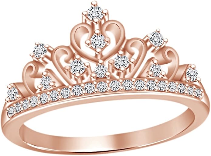 Princess Crown Ring, Round Cut Moissanite, Cubic Zirconia, Lab Grown or Natural Diamond Promise Ring for Women in 14K Gold Plated 925 Sterling Silver Jewelry Gift for Her