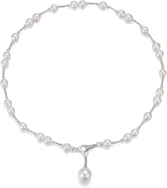 JOLI Real Pearl Necklace for Women with AAA+ Quality Round White Freshwater Genuine Cultured Pearls S925 Sterling Silver Adjustable Design Handmade Pearl Gifts