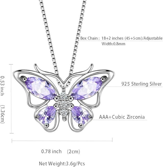 Aurora Tears Butterfly Birthstone Pendant Necklace - Women 925 Sterling Silver Butterflies Birthstone Pendant Necklace Jewelry Birthday Gift for Women