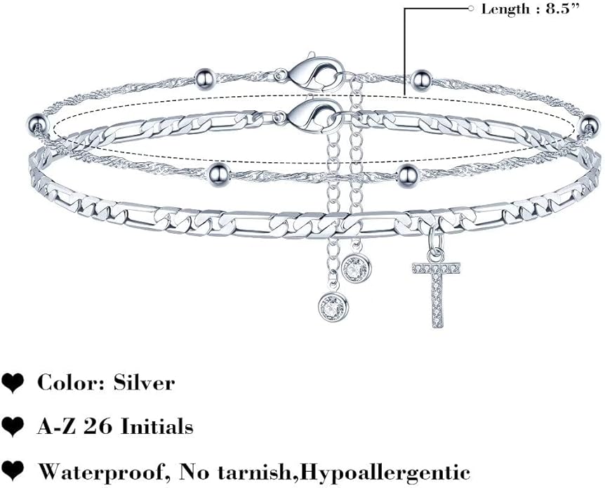 Ursteel Ankle Bracelets for Women, 14K Gold Plated Dainty Layered Chain CZ Initial Anklets Summer Jewelry Gifts for Women