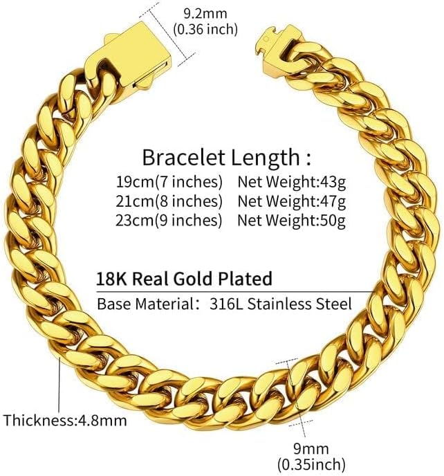 ChainsHouse Stainless Steel Cuban Link Bracelet for Men, 5mm/7mm/9mm/12mm Width, 7.5"/8.3"/9" Length, Black/18K Gold Plated Chain Wrist Bracelets for Men, with Gift Box