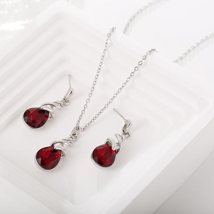 RUOFFETA Teardrop Crystal Jewelry Set, Birthstone Pendant Necklace Drop Dangle Earrings for Women