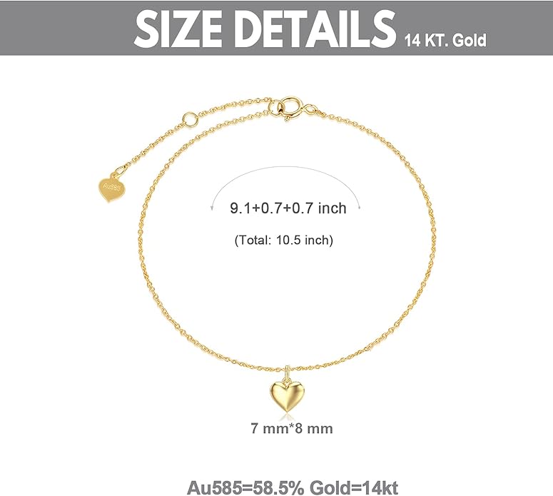 SISGEM Real 14k Gold Puff Heart Anklet for Women, Love Ankle Bracelet Foot Jewelry Gifts for Her, 9+1+1 Inch