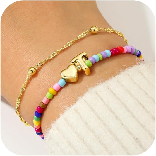 Ursteel Colorful Initial Heart Bracelets for Women - 14K Gold Plated Beaded Letter A-Z Bracelet, Layered Stretch Initial Bracelets, Women Trendy Bohemian Jewelry Birthday Gifts